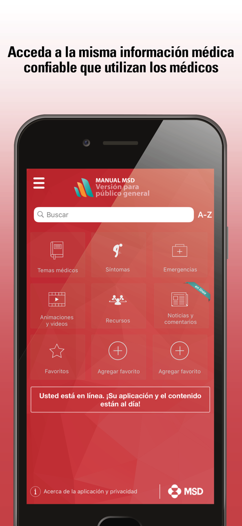 Manual MSD mobile app home screen in Spanish showing medical topics and symptoms sections.