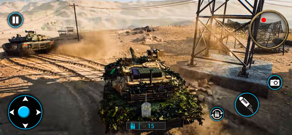 WW2 : Strike Hero War Games 3D - Third-person gameplay view of a camouflaged tank in a desert mission with mobile control icons