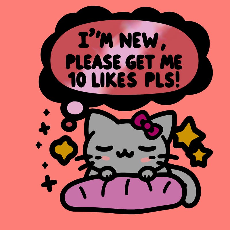 kitty taking a nap dream talking and saying "i'm new, please get me at least 10 likes pls!!"