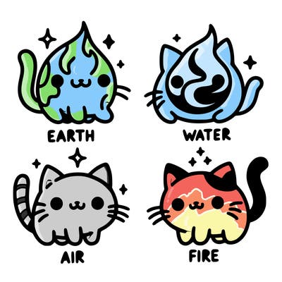 4 cats that represent the different elements, earth, water, air, and fire