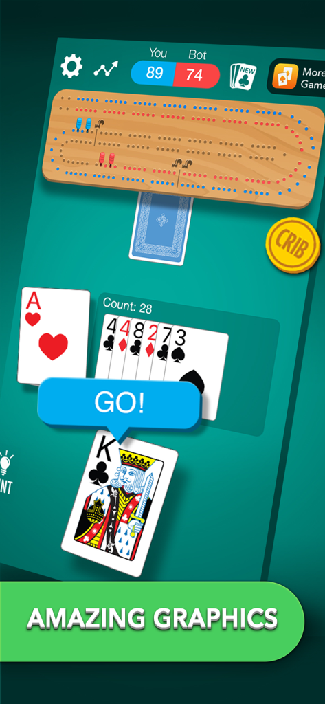 Cribbage card game - Pantalla del juego de cartas clásico de cribbage con tablero de puntuación de madera y cartas grandes