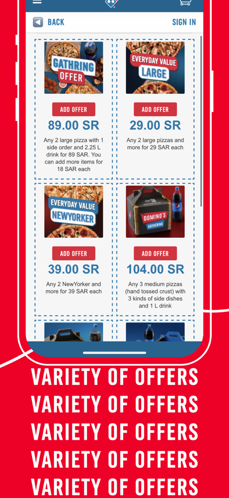 Domino’s MENA - Screenshot of the Domino's MENA mobile app showing various pizza meal deals and gathering offers with prices in Saudi Riyal