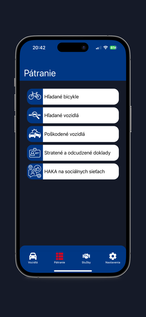 HAKA System+ - Menú de búsqueda de HAKA System plus para coches robados, bicicletas y documentos