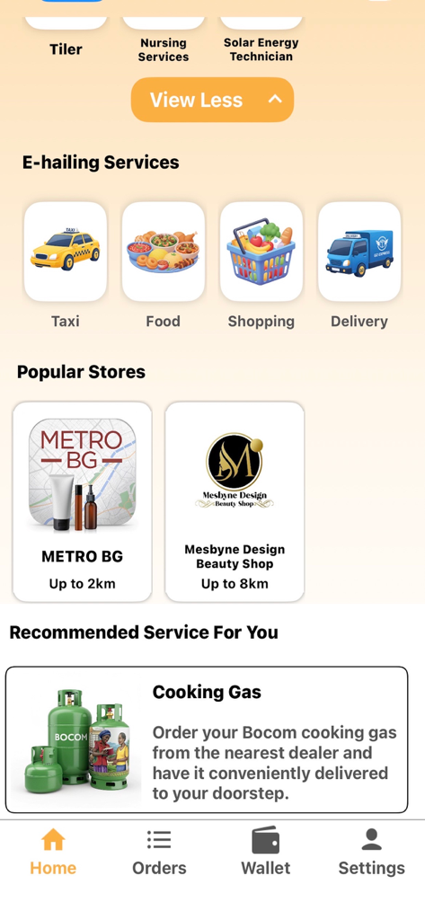 TaQ User app home screen displaying e-hailing services, popular stores, and cooking gas delivery options.