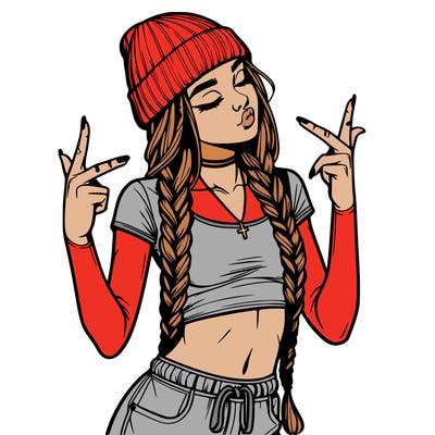 realistic teenage girl with braids and a beanie and crop top doing 🫶🏼