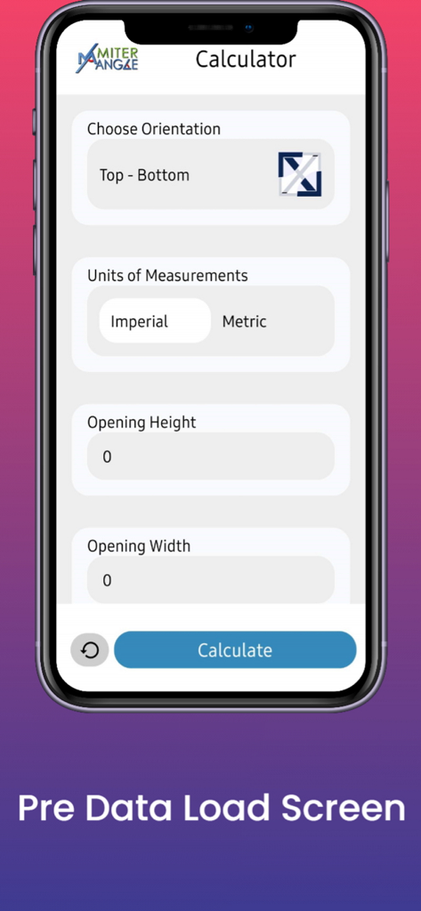 Miter Angle Calculator - Input screen for Miter Angle Calculator app with options for orientation and measurements