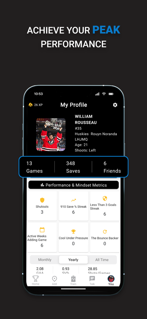User profile screen in Connect Hockey app showing goalie stats performance metrics and save percentage streaks