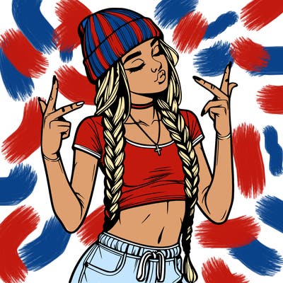 realistic teenage girl with braids and a beanie and crop top doing 🫶🏼