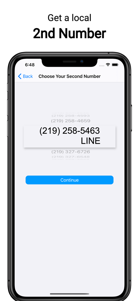 Selecting a local US second phone number in the MySecondLine app interface.