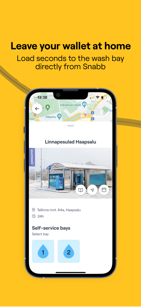 Snabb app interface for choosing a self-service car wash bay with contactless payment.