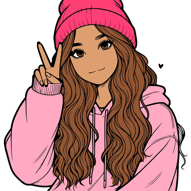 a teenage girl in a beanie, oversized sweatshirt, wavy long hair, and is showing a ✌️