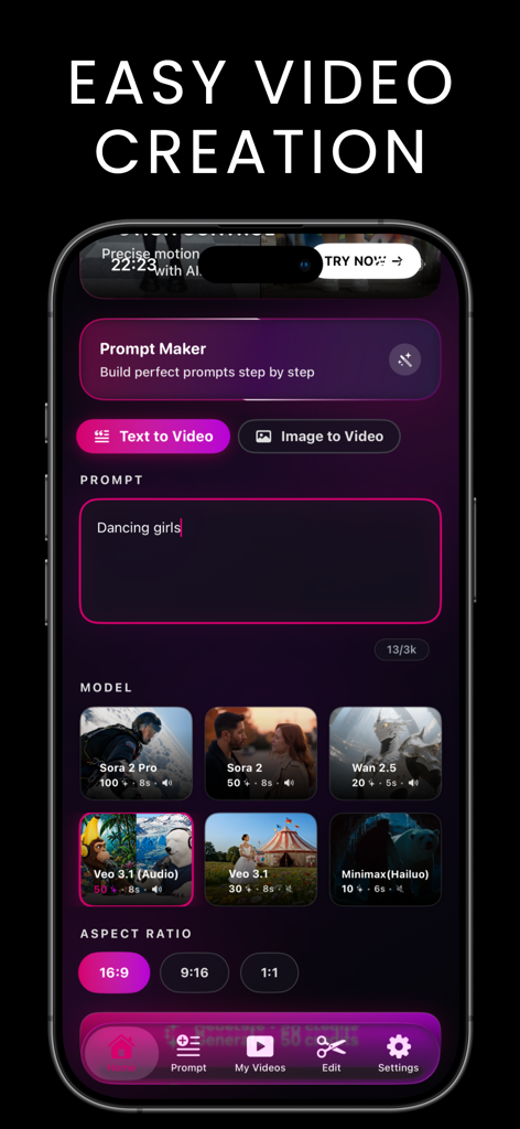 Interface of VIORA AI Video Generator app showing text to video creation options and AI models