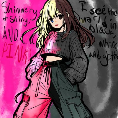 anime teen girl with baggy pants and crop top with sweater