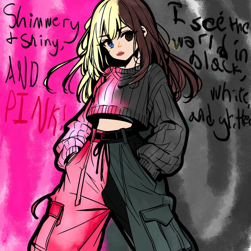 anime teen girl with baggy pants and crop top with sweater