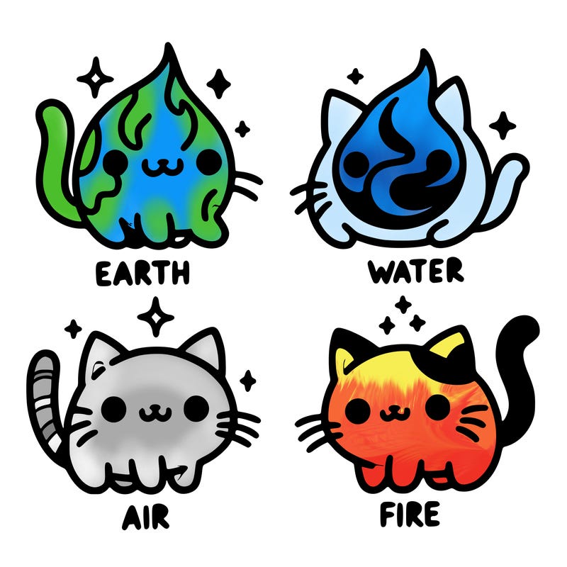 4 cats that represent the different elements, earth, water, air, and fire