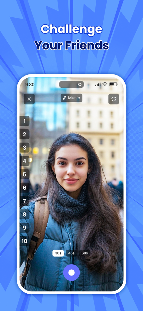 Prediction Filter Challenge - Una giovane donna che utilizza l'app Sfida Filtri di Predizione per registrare un video con opzioni di timer e musica.