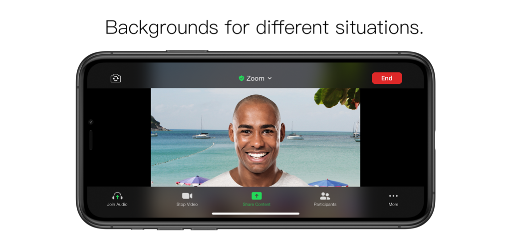 スマートフォンでZoomビデオ通話中に熱帯のビーチバーチャル背景を使用する男性