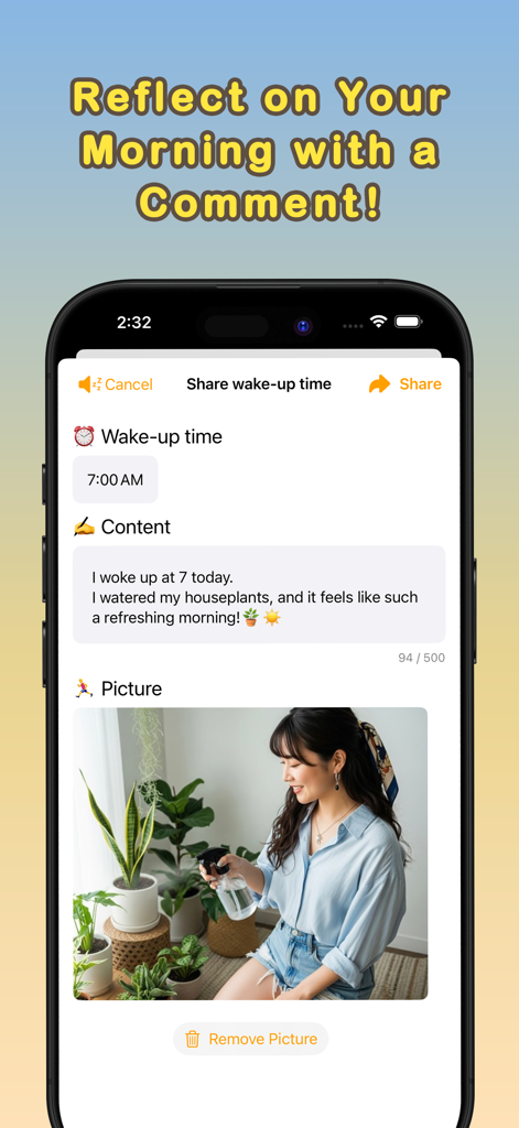 SALT app screen for sharing wake up time and morning activities