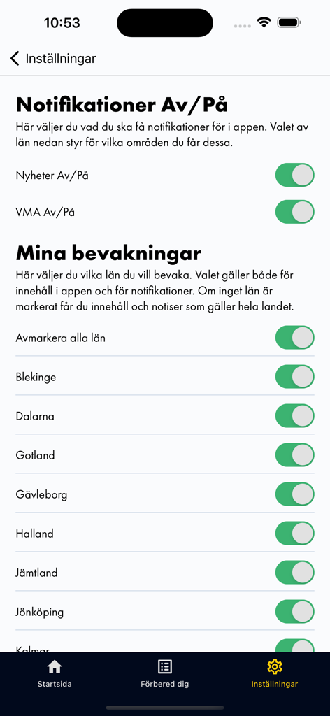 Die Einstellungen-Oberfläche der Krisinformation-App mit Benachrichtigungs- und Regionsauswahl