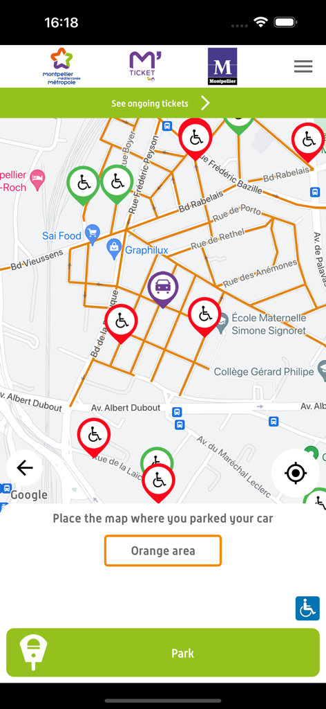 M'Ticket - Ticket mobile TaM - Mobile interface of M'Ticket app showing a city map of Montpellier for parking location selection and payment.