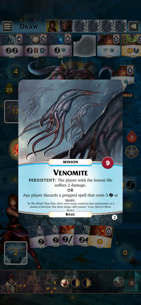 Aeons End gameplay showing the Venomite minion card description