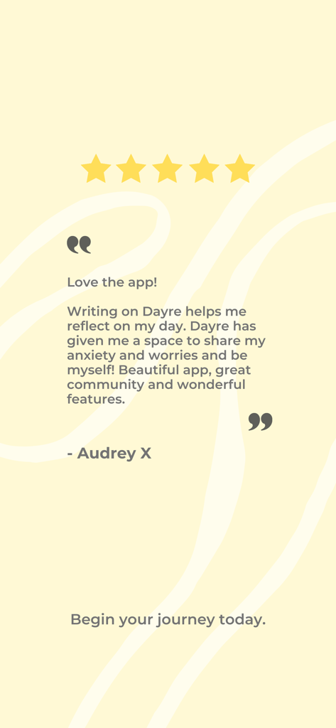 Dayre - Five star review for Dayre app by Audrey X highlighting the safe community and journaling features