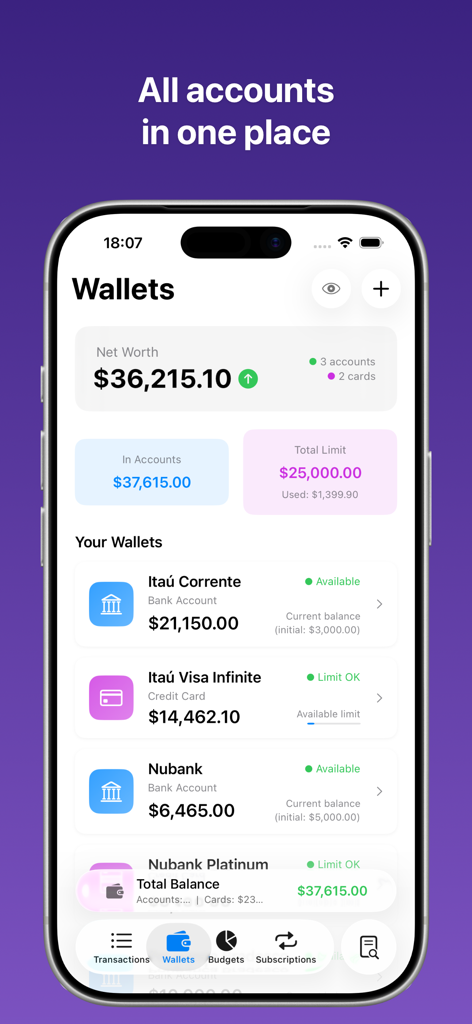 Fiin – Personal Finance - Fiin app dashboard showing net worth and account balances in a clean minimalist interface