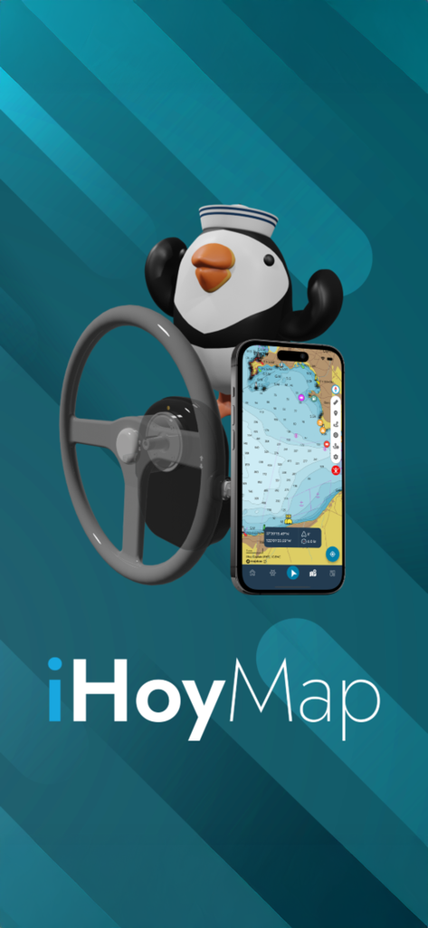iHoy Map interface showing nautical charts on a smartphone next to a boat steering wheel