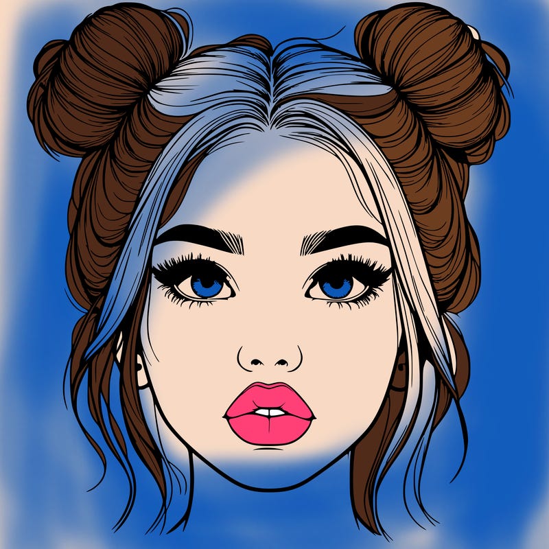 realistic girl with two buns on her hair and lips