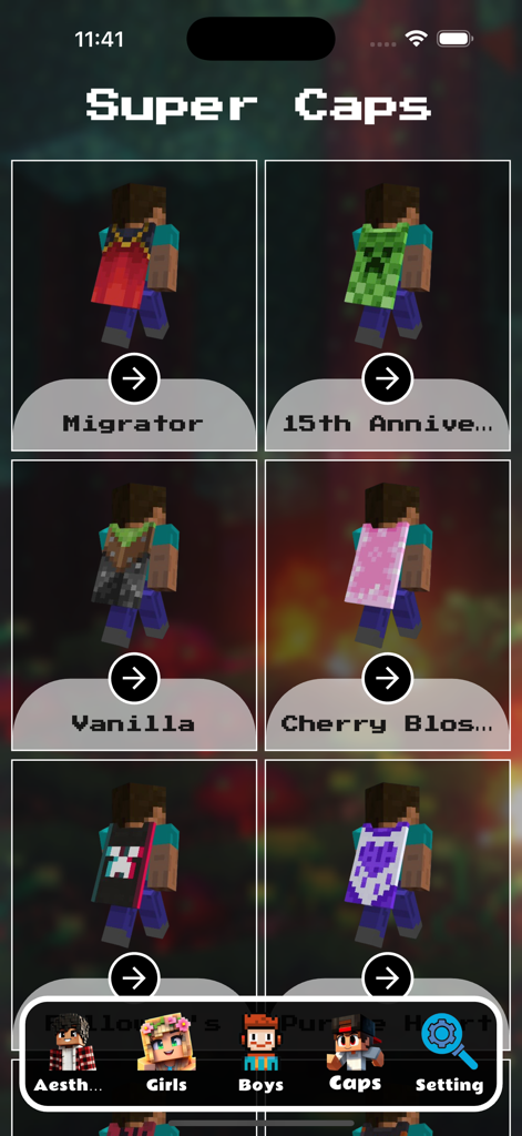 Skins for Minecraft PE - MCPE - Gallery of various cape designs for Minecraft characters in the Skins for Minecraft PE app