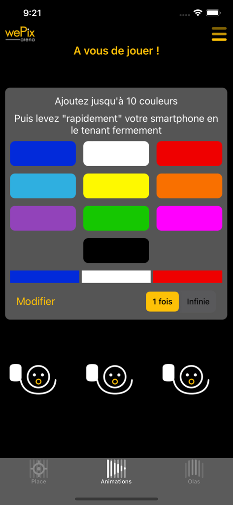 Interfaz de la aplicación wePix arena que muestra la selección de colores para animaciones de luz de estadio sincronizadas.