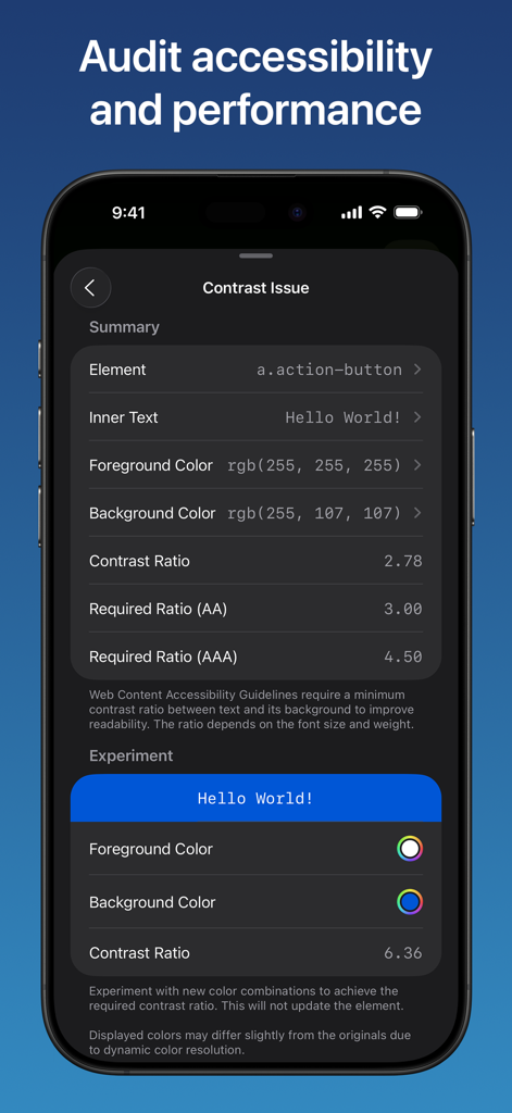 Combine - Code Editor & Git - A screenshot of the Combine app showing an accessibility audit for web element contrast ratios.
