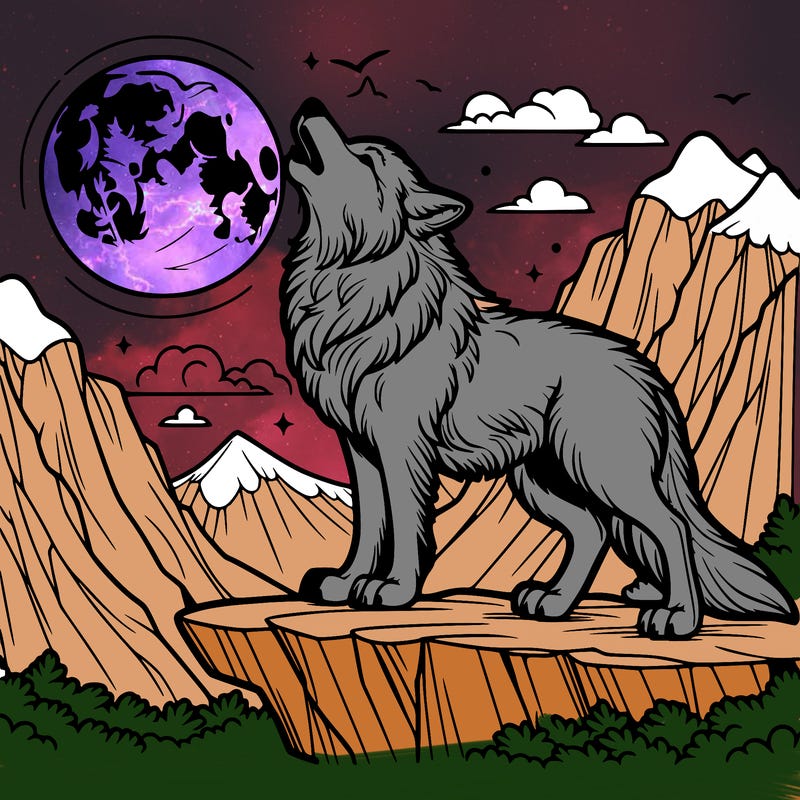 wolf howling at the moon on a cliff realistic