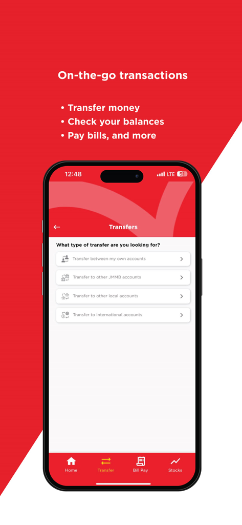 Mobile interface of JMMB Moneyline app showing options for local and international money transfers