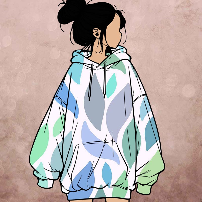 realistic girl with a oversized sweatshirt on and a bun