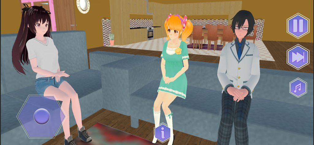 Anime School Simulator Life 3D - Three anime characters sitting together on a gray sofa in a living room