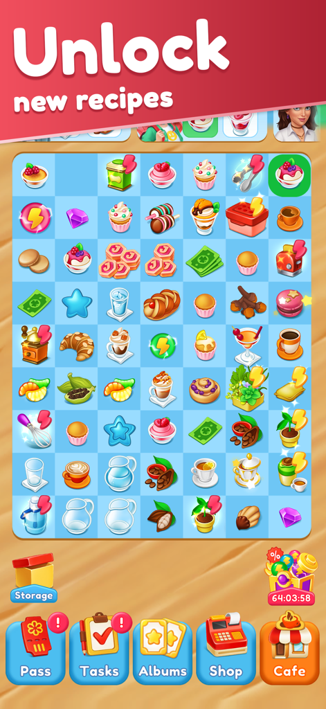 Joy Cafe: Tasty Merge Game - Gameplay screen of Joy Cafe showing a merge grid with various coffee and dessert items under the text Unlock new recipes