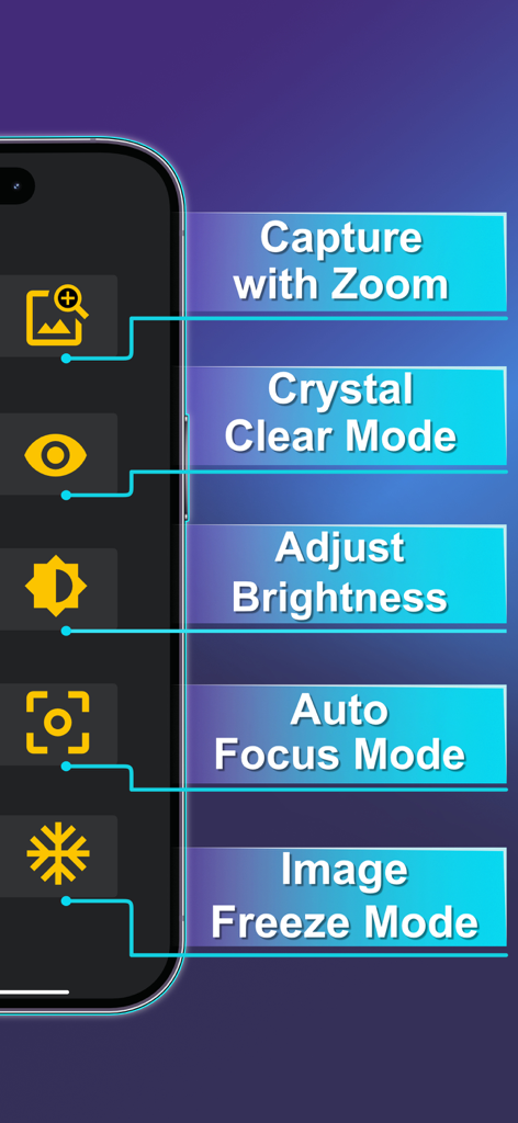 Magnifying Glass + Flashlight - User interface of the Magnifying Glass and Flashlight app highlighting zoom brightness and auto focus features