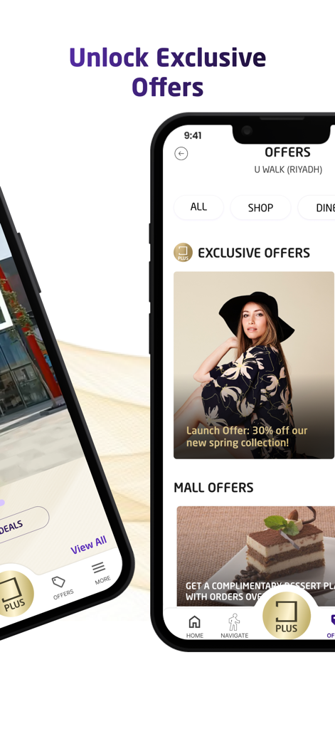 Cenomi Plus app screen showing exclusive shopping deals and mall rewards.