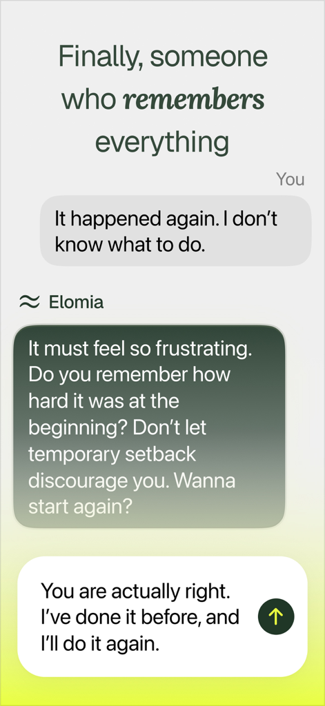 Elomia: Mental Health AI - A screenshot of the Elomia app showing a supportive AI chat conversation about managing personal setbacks