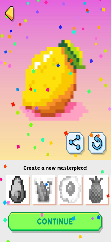 Color by Number - Painting - A completed pixel art of a yellow fruit with celebratory confetti in a senior-friendly coloring game.