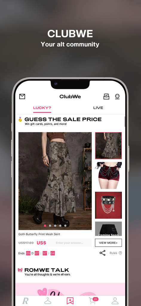 Interfaccia dell'app ROMWE che mostra la sezione della community ClubWe con una sfida gamificata 'Indovina il prezzo di vendita' per articoli di moda goth.