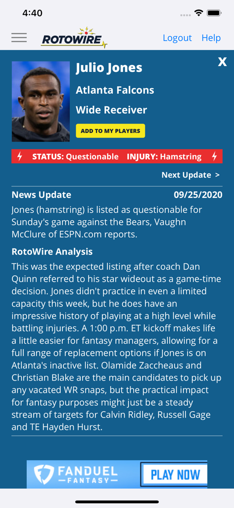 L'application RotoWire présente les actualités, l'état des blessures et l'analyse du joueur Julio Jones.