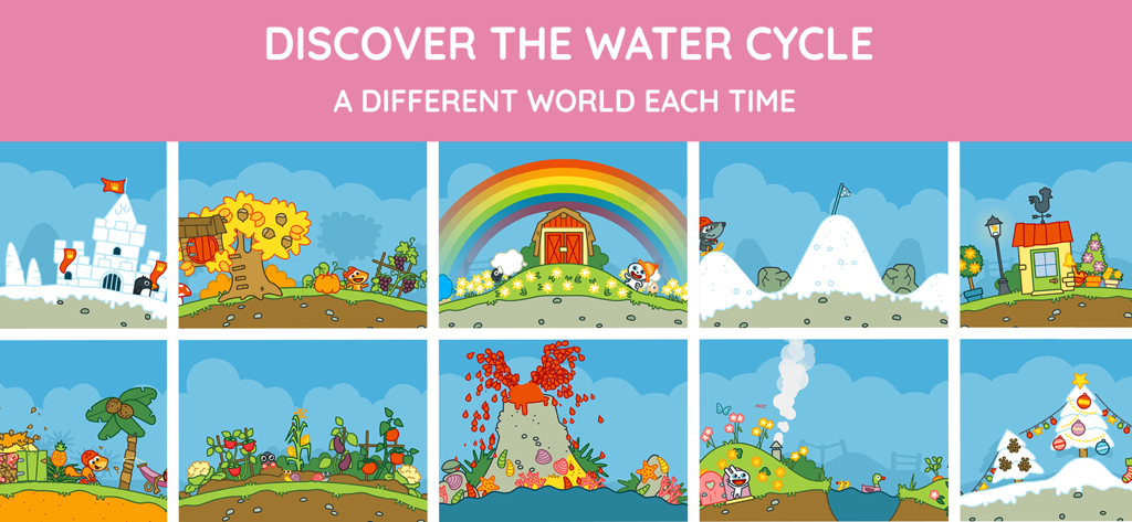 A collage of ten colorful and interactive environments from the Pango Kumo app showing different weather conditions and landscapes