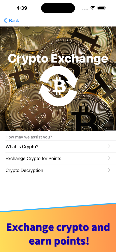 Pantalla de la aplicación CryptoDiver para el intercambio de puntos de criptomonedas