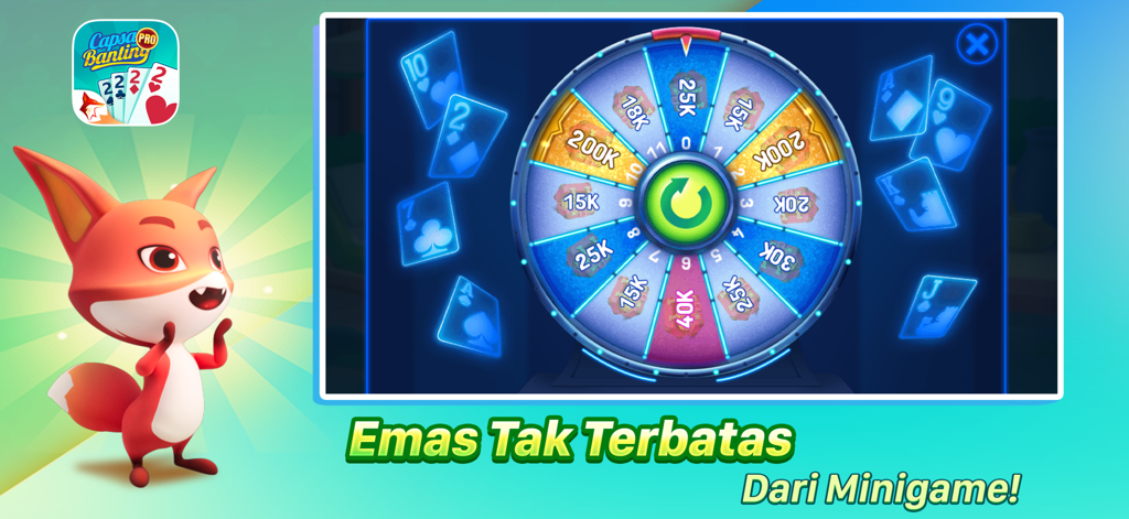 Capsa Banting ZingPlay lucky wheel minigame featuring gold rewards and a fox mascot