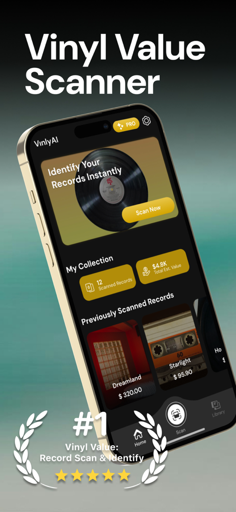 Vinyl Value app home screen showing record identification and collection value tracking