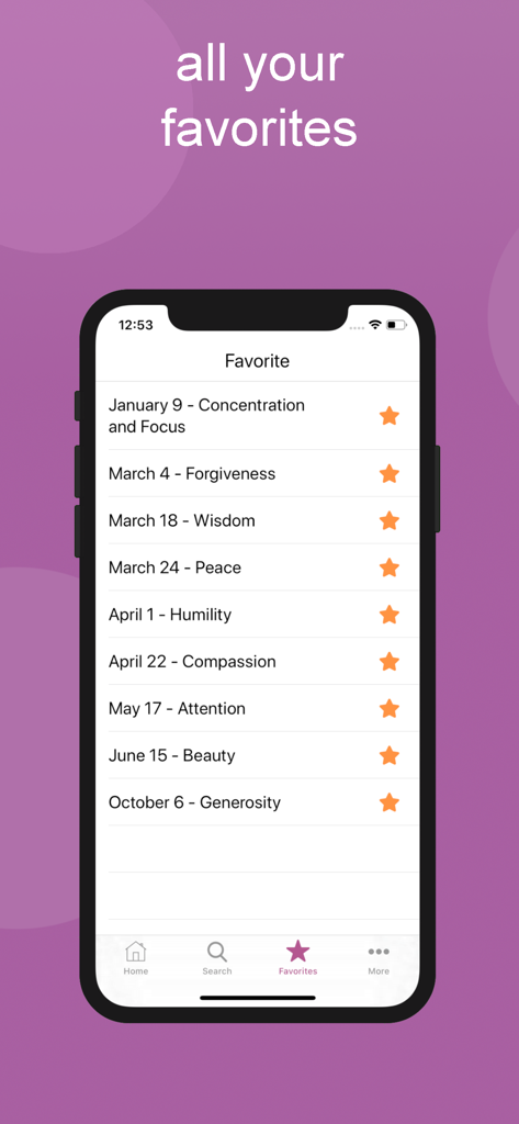Master-mE - Una lista de virtudes espirituales y fechas favoritas dentro de la aplicación de manifestación Master-mE