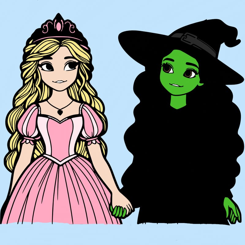 a princess and a witch holding hands realistic