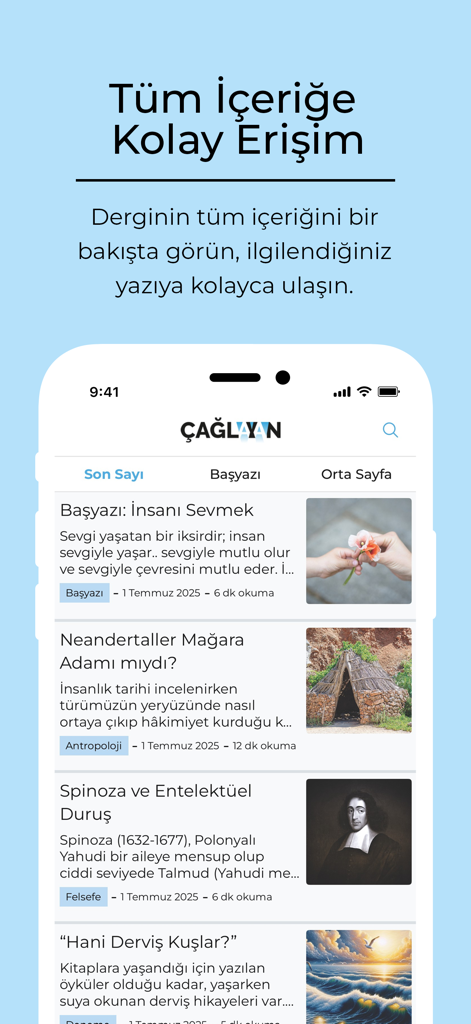 Çağlayan Dergisi - Una schermata di un'app mobile per Caglayan Dergisi che mostra un elenco di articoli turchi su letteratura, scienza e spiritualità